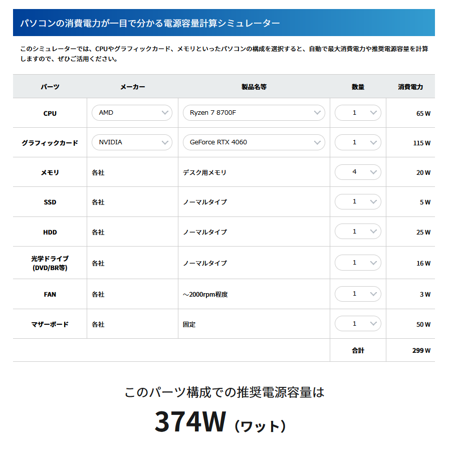 パソコン工房：パソコンの消費電力が一目で分かる電源容量計算シミュレーター